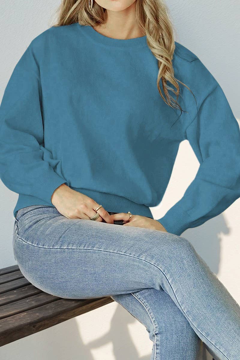CWOSWL3740_ROUND NECK LONGSLEEVE SOLID COLOR KNITTED SWEATER