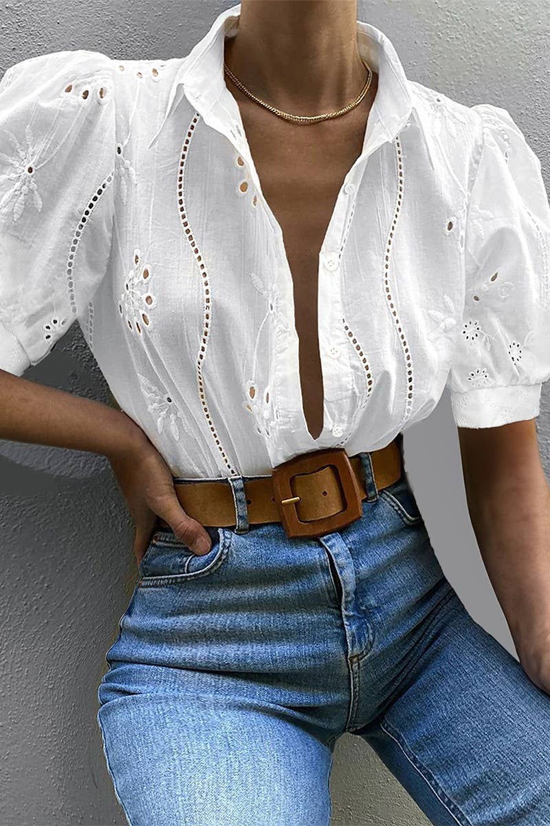 CWDSD8926_SUMMER HOT GIRL STYLE HOLLOW SHORT SLEEVE SHIRT