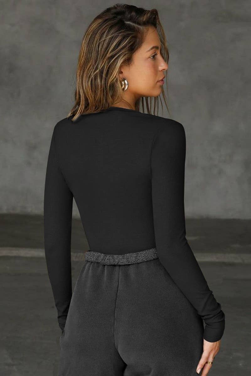 CWTBLL01069_DEEP V CUTOUT SEXY SLIM LONG SLEEVE TOP