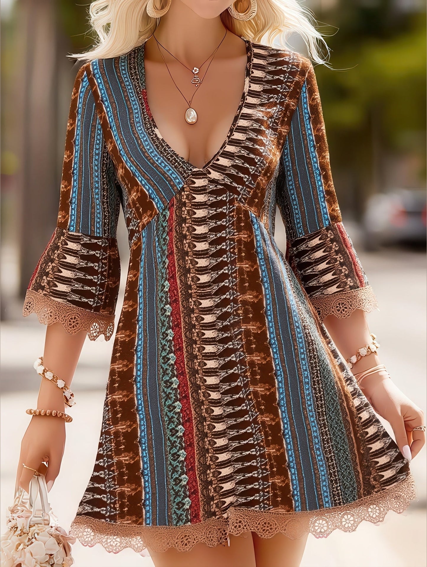 Women's V-Neck Ethnic Print Loose Short Dress ??Bohemian Summer Casual Dress