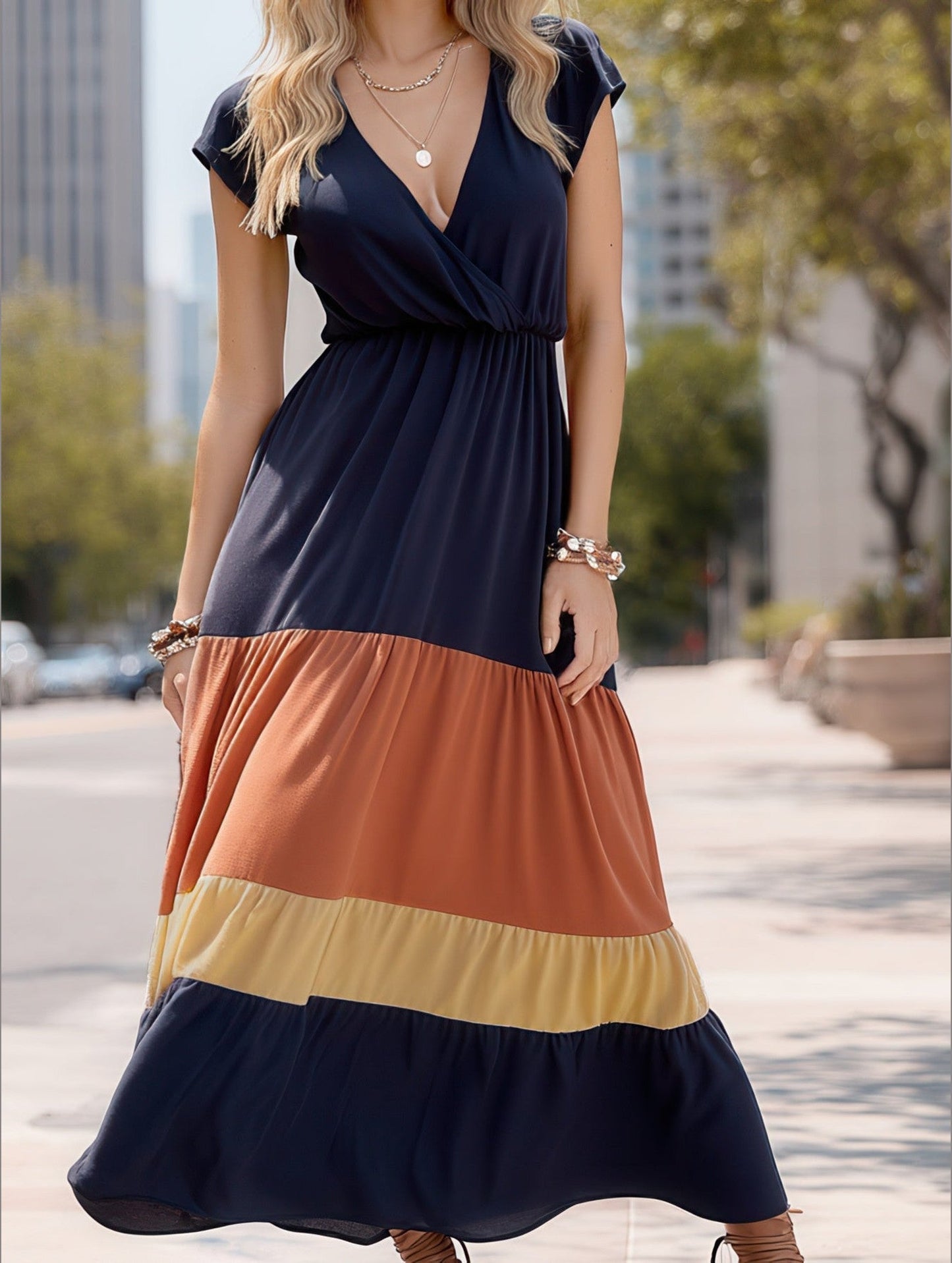 COLOR-CODED SHORT-SLEEVED V-NECK LONG-WAIST DRESS