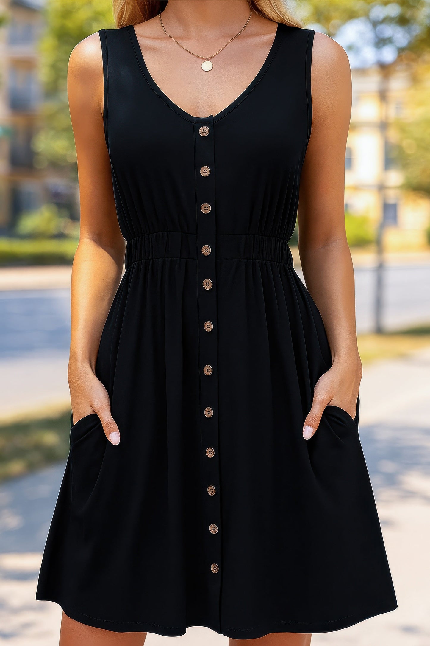 SLEEVELESS BUTTON POCKET SLIM WAIST DRESS