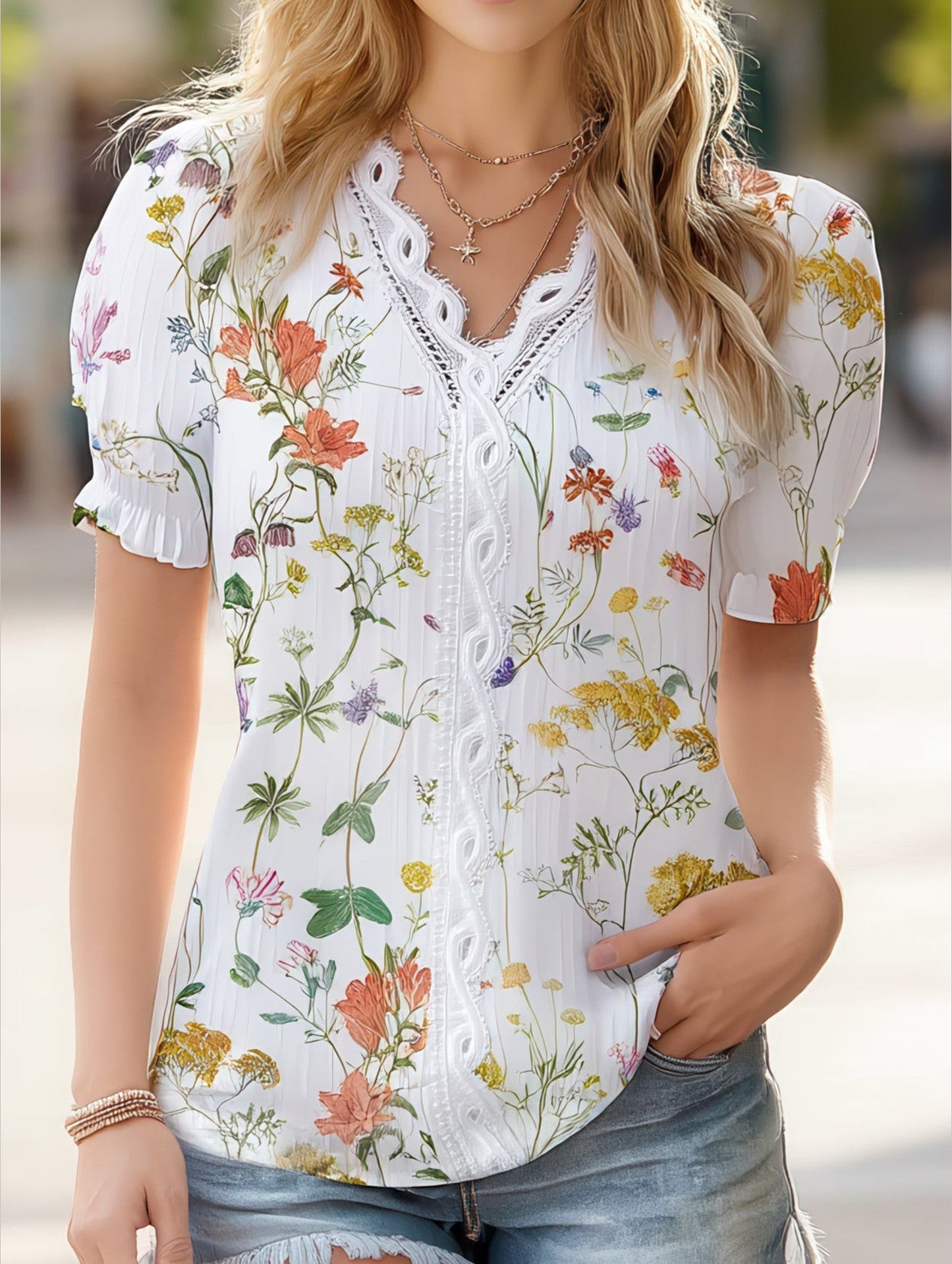 V-Neck Lace Patchwork Print Shirt ??Stylish & Versatile Women??¢s Top