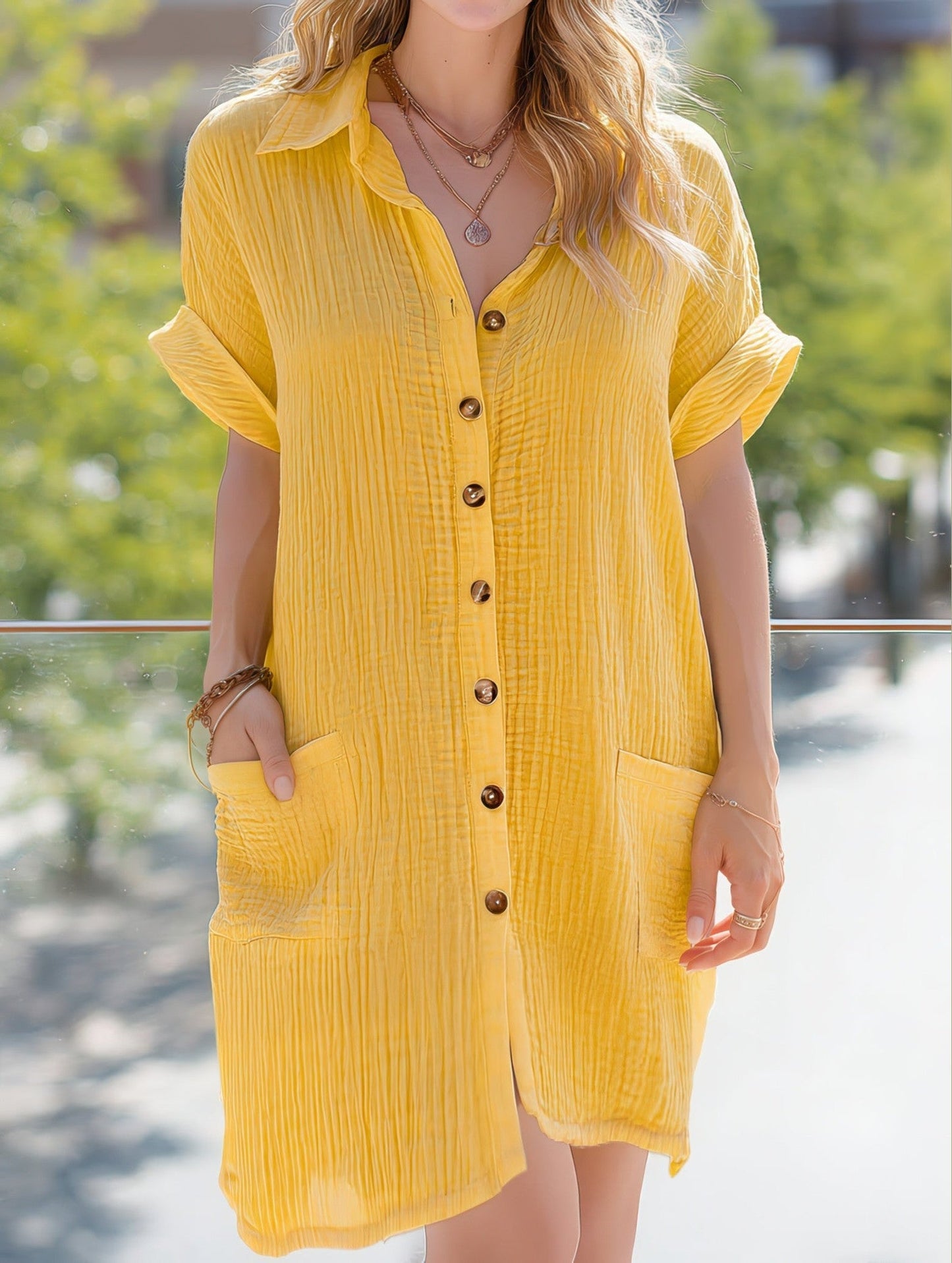 Simple V-Neck Button-Up Dress ??Casual Elegant Summer Dress for Women