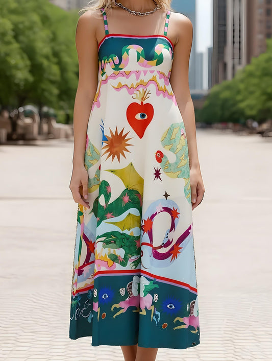 Wonderland Fairy Print Swing Dress ??Whimsical Strappy Midi