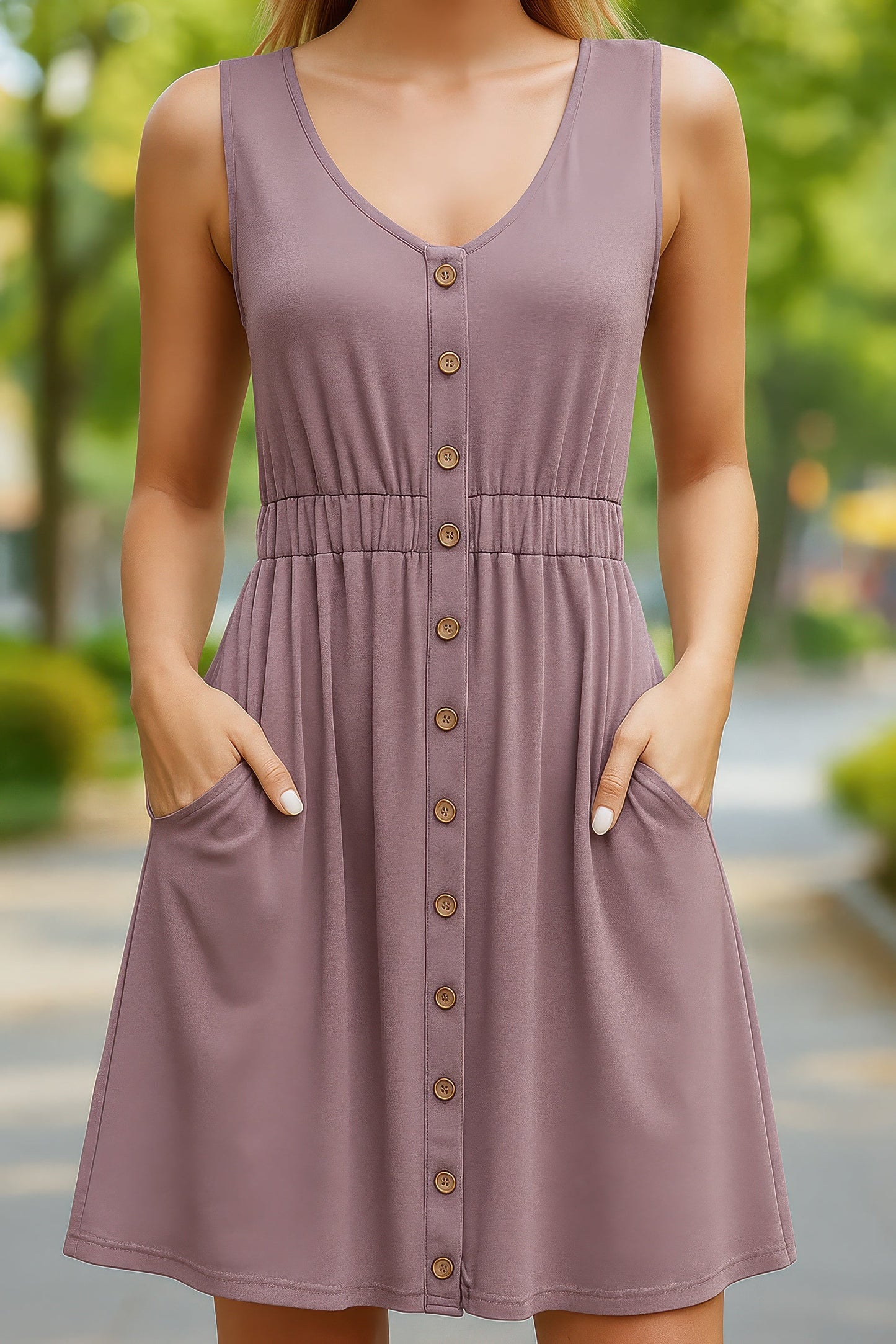 SLEEVELESS BUTTON POCKET SLIM WAIST DRESS